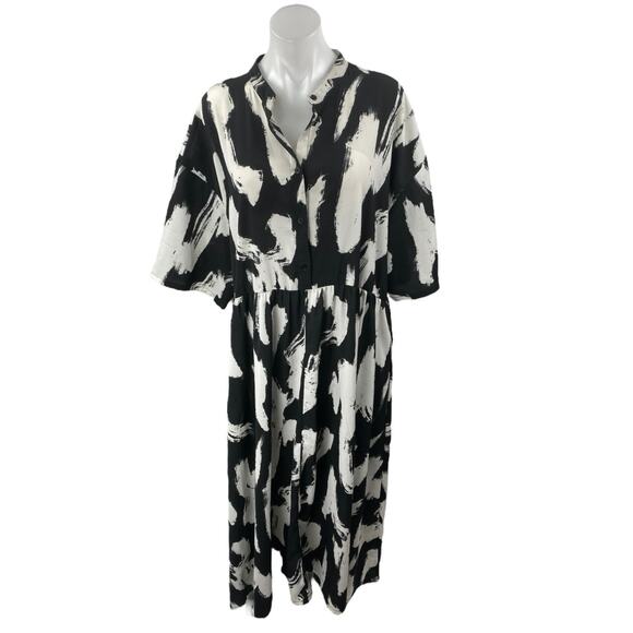MONKL Black White Short Sleeve Abstract Button Front Maxi Shirt Dress Size XL - Picture 1 of 5